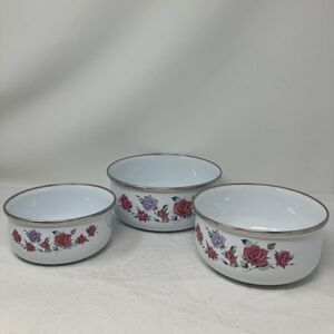 Enamelware Pink Floral Nesting Mixing Bowl Set Of 3 Metal Enamel GMI Kitchen